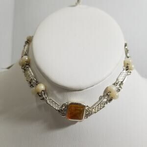 silver tone amber cabochon 12" 3"ext. faux pearls 1.1374